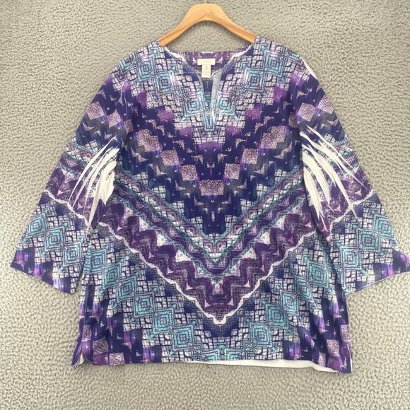 Chicos Top Womens 3 US Extra Large Purple 3/4 Sleeve Rhinestone V Neck Stretch - Picture 1 of 9